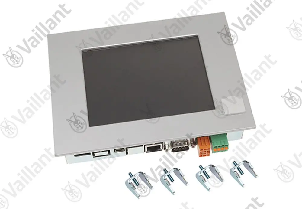Vaillant Display mit einem flachen, schwarzen Bildschirm und mehreren Anschlüssen auf der Rückseite, einschließlich USB- und Verbindungsklemmen.